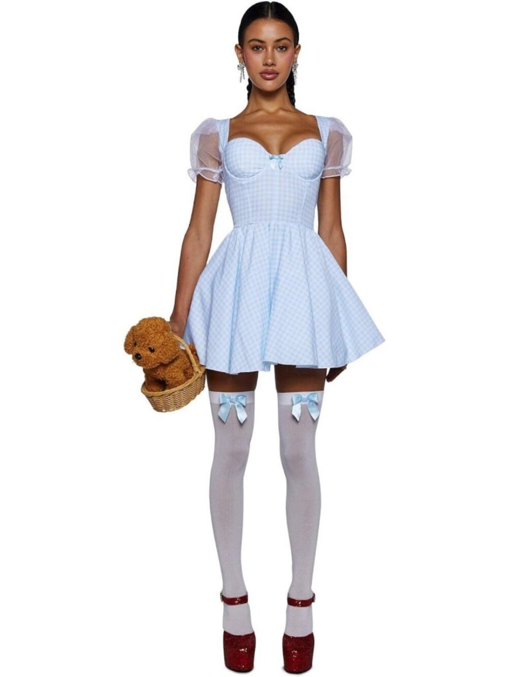Chic Women's Mini Dress Costume Set with Puff Sleeves & Flared Skirt - Perfect